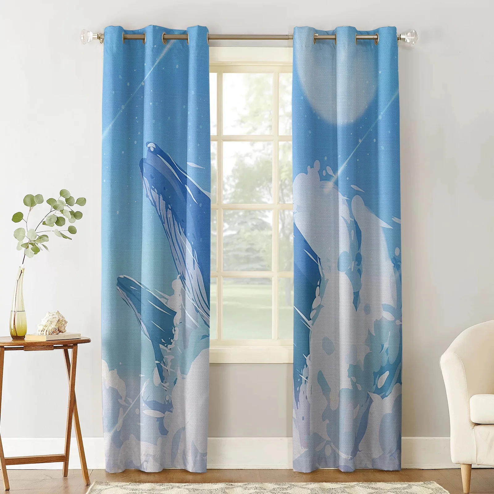 Blue Sky Shooting Stars Clouds Whales Print Curtains For Kitchen Bedroom Window Curtains for Living Room Home Decor Drapes