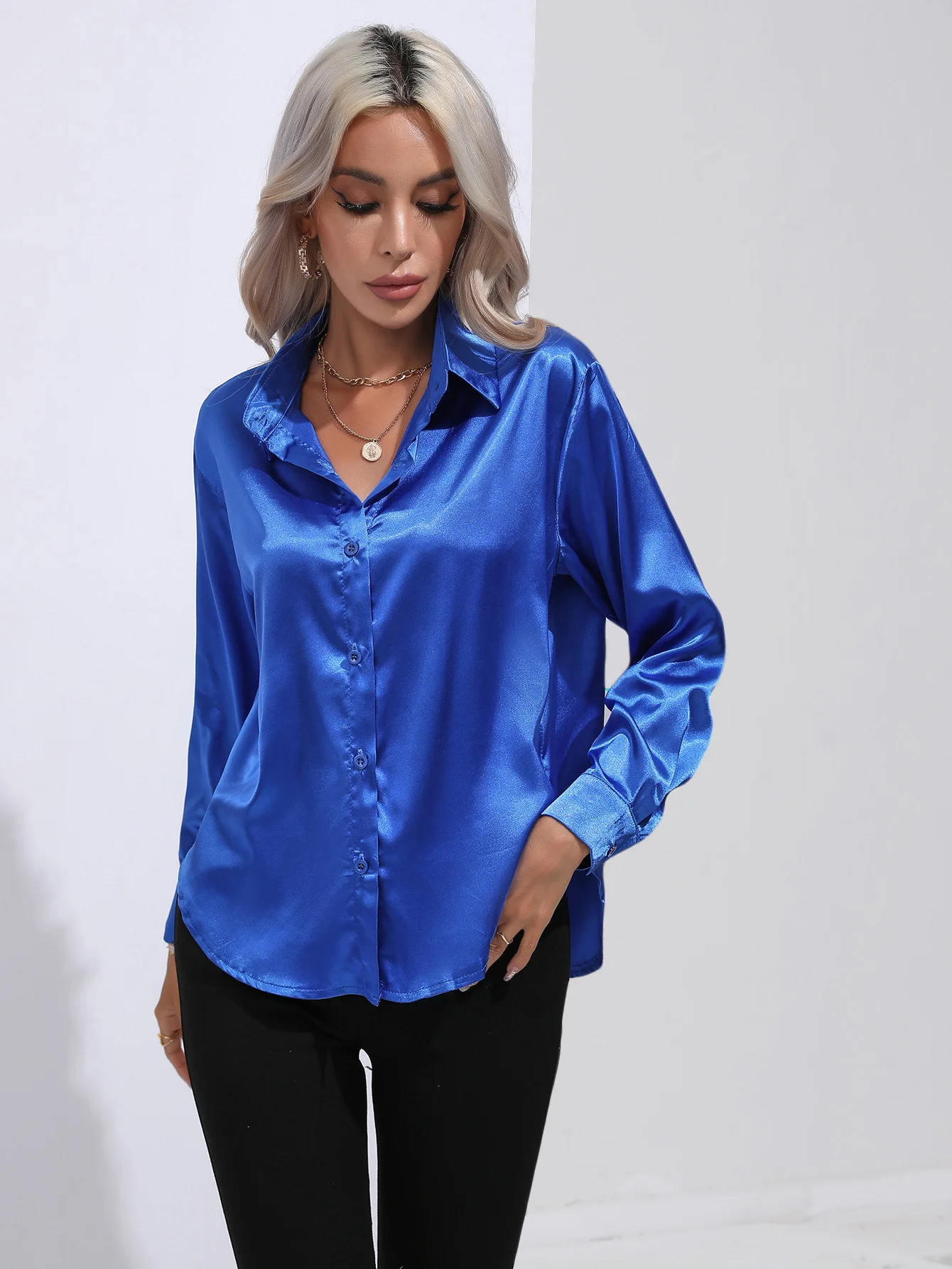 2024 Spring Summer Satin Shirt Women V Neck Long Sleeve Office Shirt Blouses Ladies Black White Silk Loose Shirts For Women