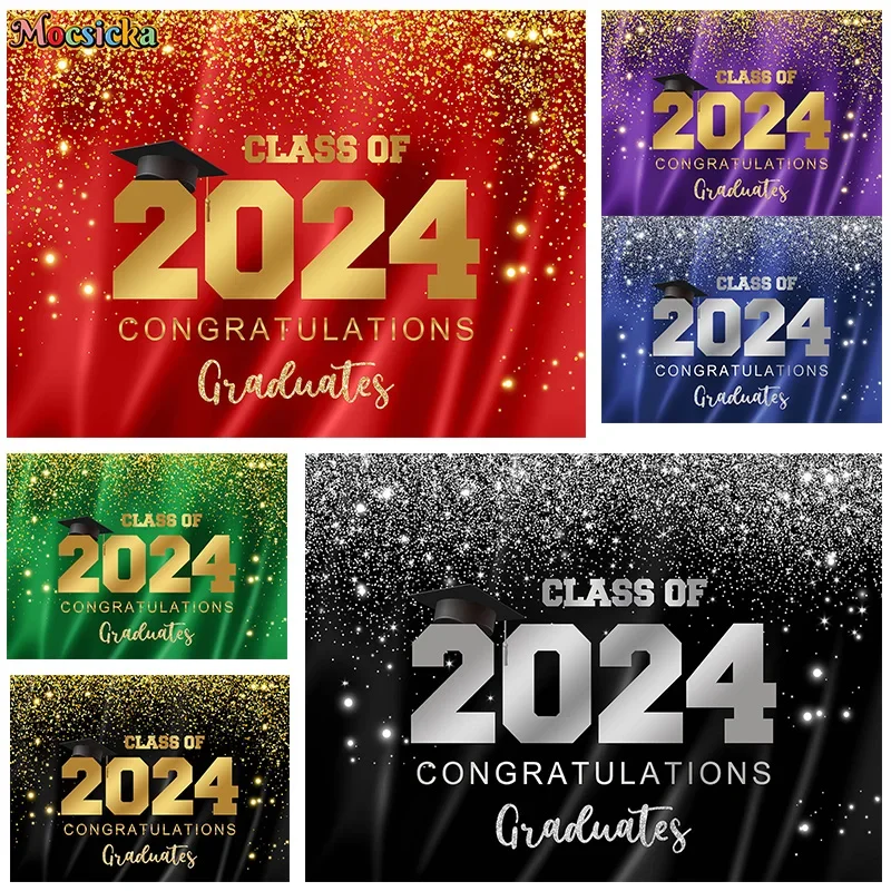 Mocsicka Graduation Party Photography Background Class Of 2024 New Year Party Decor Glitter Bachelor Hat Photo Banner Studio