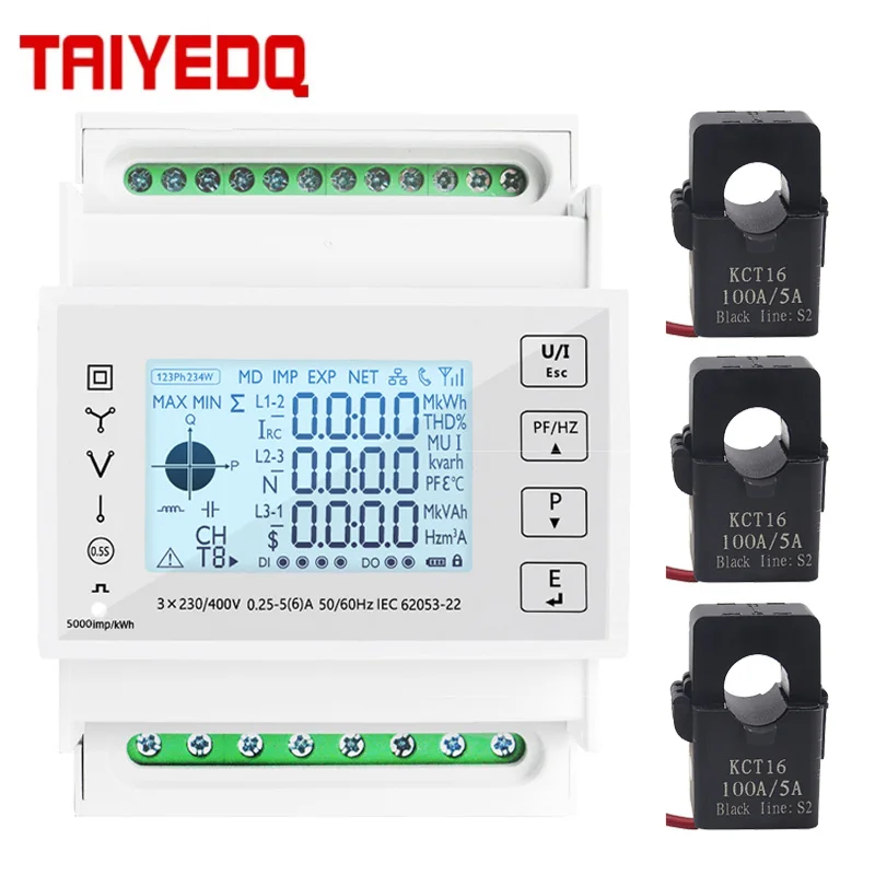 Din Rail 3 Phase Energy Monitor Consumption Power Meter kwh Ammeter With 3PCS RS485 Modbus 50/100/15/200CT 230VAC