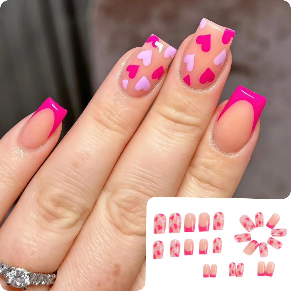 أظافر صناعية متوسطة الحجم للنساء والفتيات بتصميم قلب أحمر وردي لطيف لعيد الحب أطراف أظافر مربعة فرنسية اضغط على الأظافر الصناعية