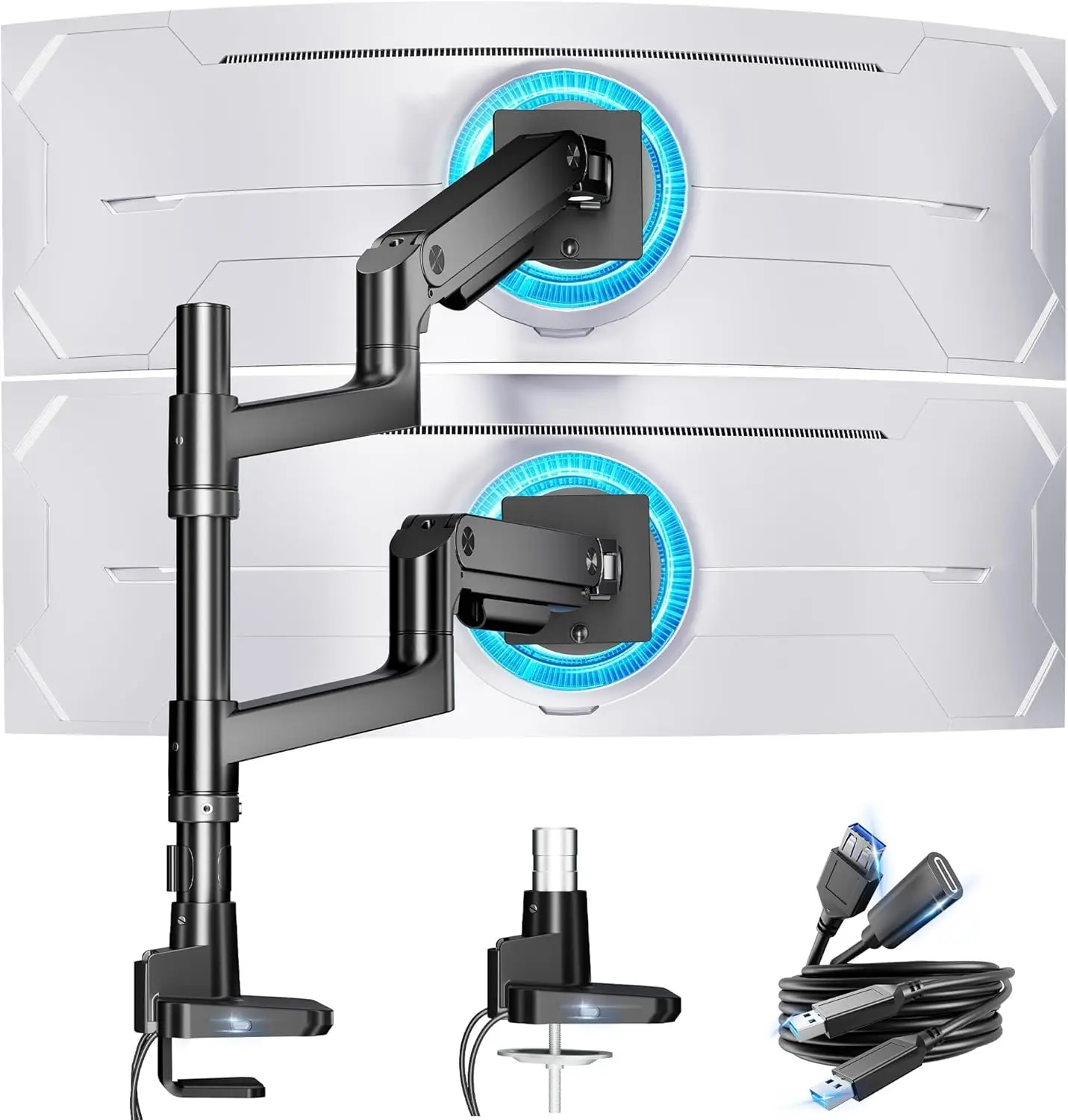 Dual Monitor Arm for Ultrawide 17-49 inch Heavy Duty Curved Screens, Vertical Gas Spring Double Monitor Stand with USB, Adjustable Desk Mount, Black