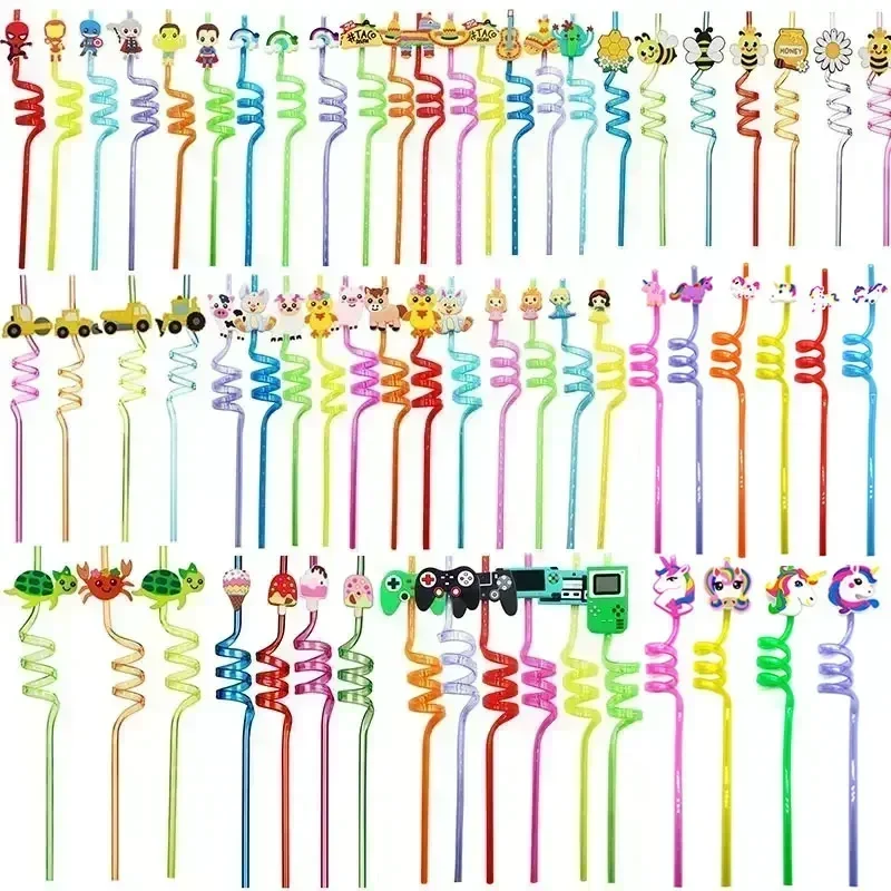 Pajitas en espiral de plástico para decoración de fiesta de cumpleaños de niños, Pajita reutilizable, unicornio, Navidad, animales marinos,