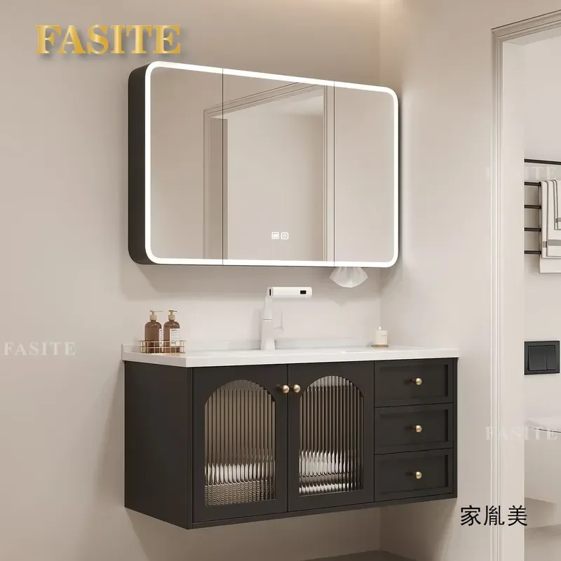 Rubber Wood Bathroom Vanity with Ceramic Integrated Basin Pastoral Style Sink Cabinet for Small Powder Room Easy Clean