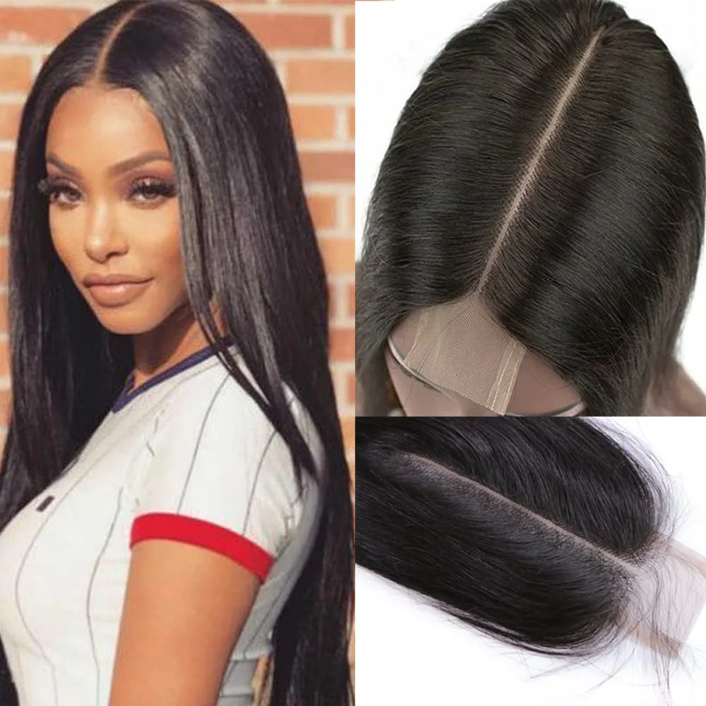 شعر بشري ريمي برازيلي مستقيم للنساء ، إغلاق دانتيل شفاف ، ملتف مسبقًا ، لون أسود طبيعي ، Kim K ، 2x6