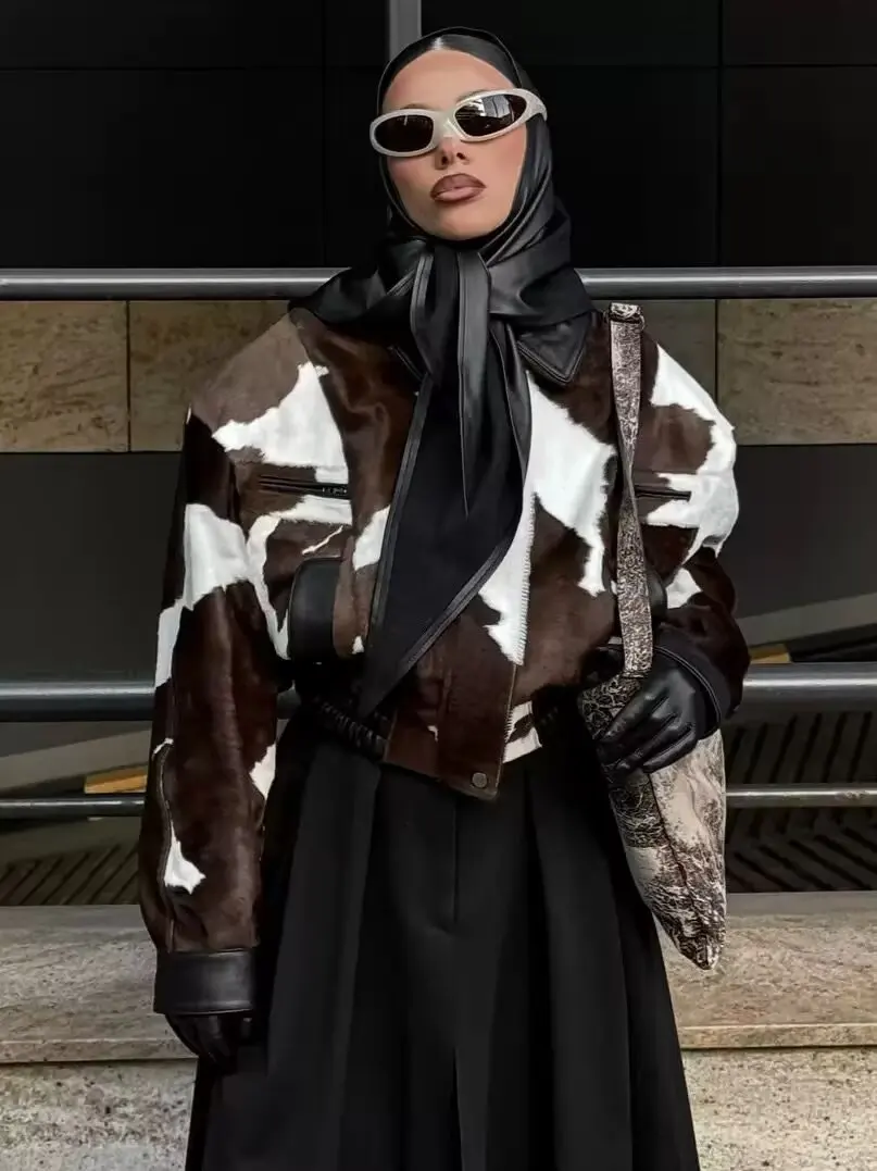 Pu-Leder Vintage Braun Damenjacke Revers Reißverschluss Milchmuster Taschen Volle Hülse Damenmäntel 2025, Winter Damenmantel