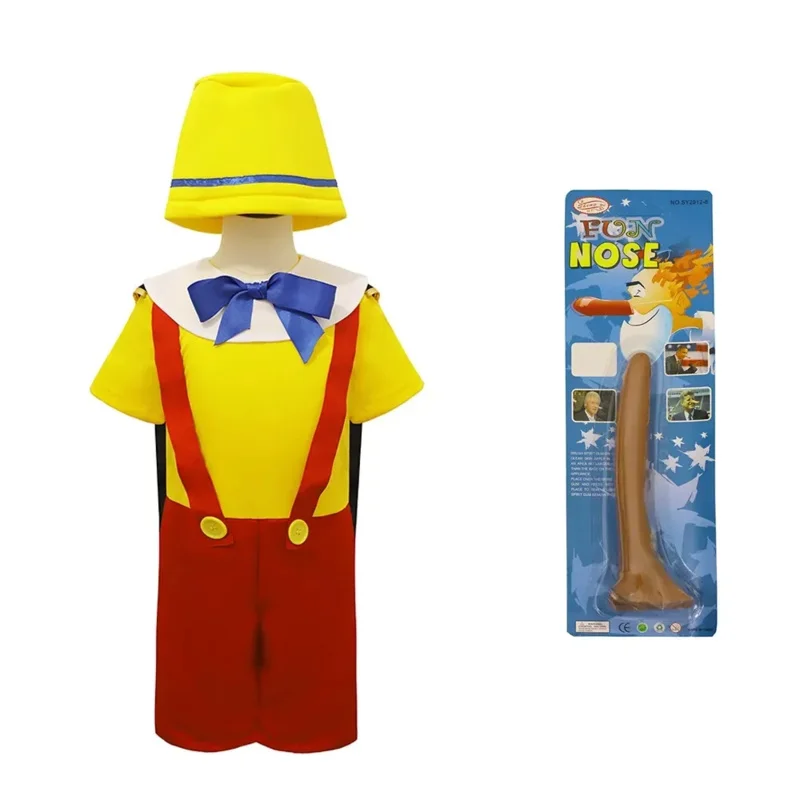 aa26Puppet コスプレ衣装子供ジャンプスーツ帽子長い鼻スーツ横たわるピノキオロールプレイ子供ボディスーツハロウィンパーティー