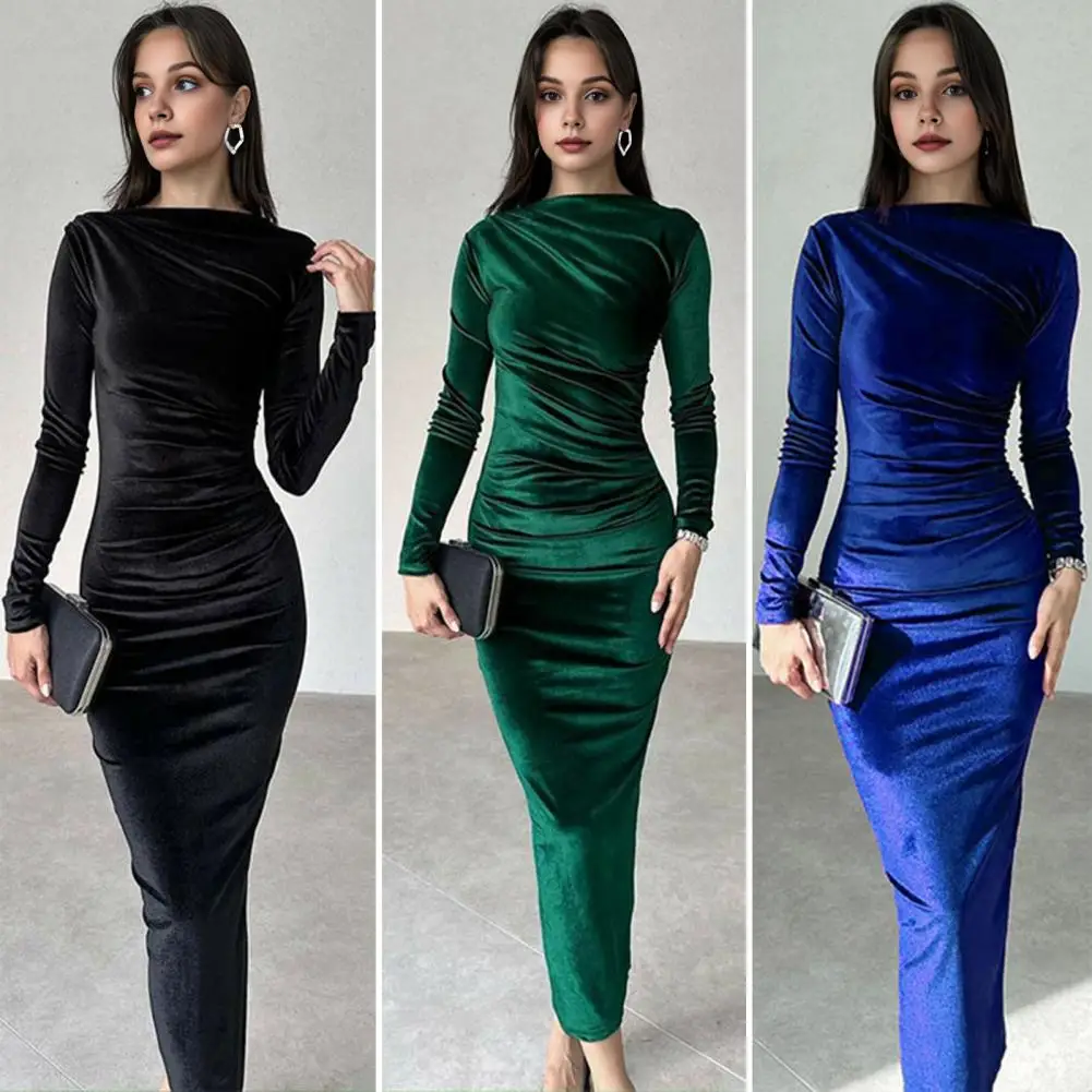 Pleated Waist Dress Evening Dress Elegant Bateau Neck Pleated Midi Dress for Prom Cocktail Parties Slim Fit Sheath Calf Length