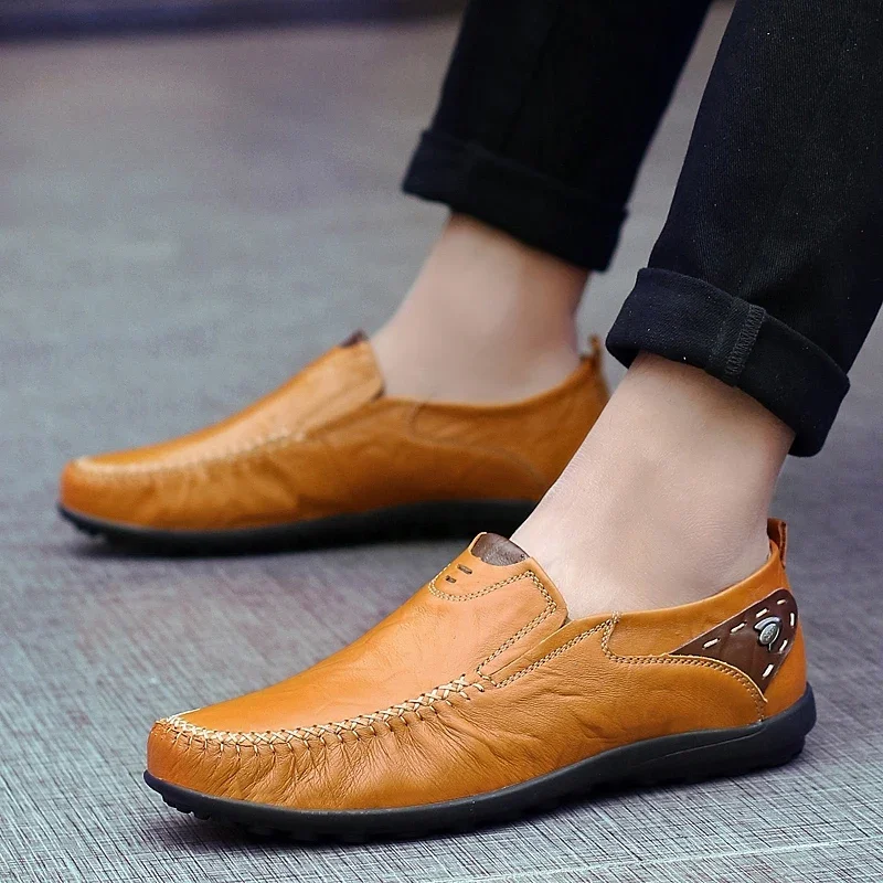 Herren Freizeit schuhe Mode Echt leder Herren Slipper bequeme Mokassins atmungsaktive Slip auf schwarzen Fahr schuhen plus Größe 47