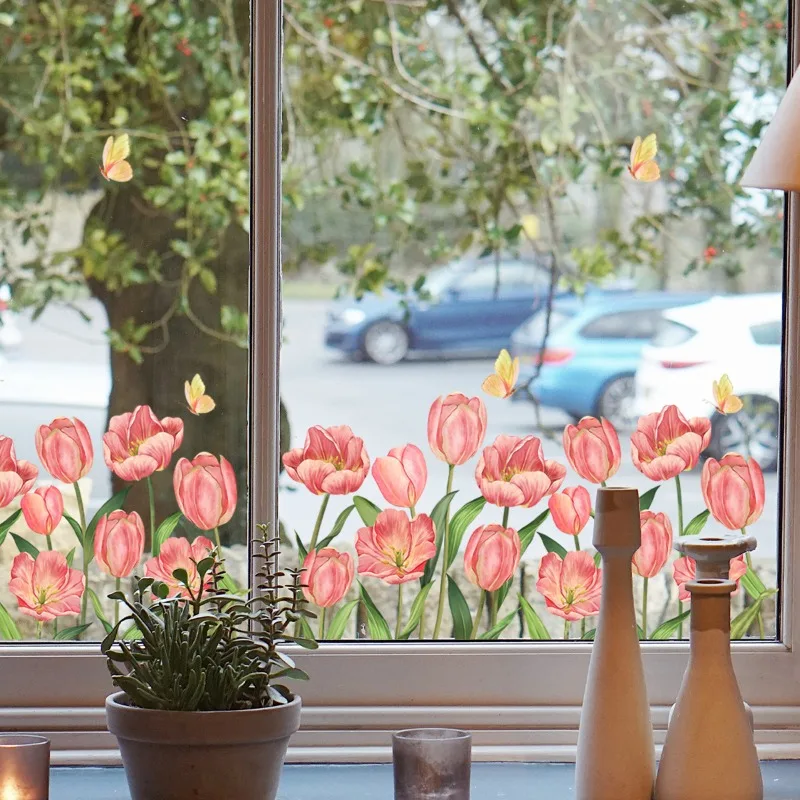 New Pink Tulip Flower Decor Window Decals Double Sided Static Cling Butterfly Glass Stickers Home Decoration Wall Stickers