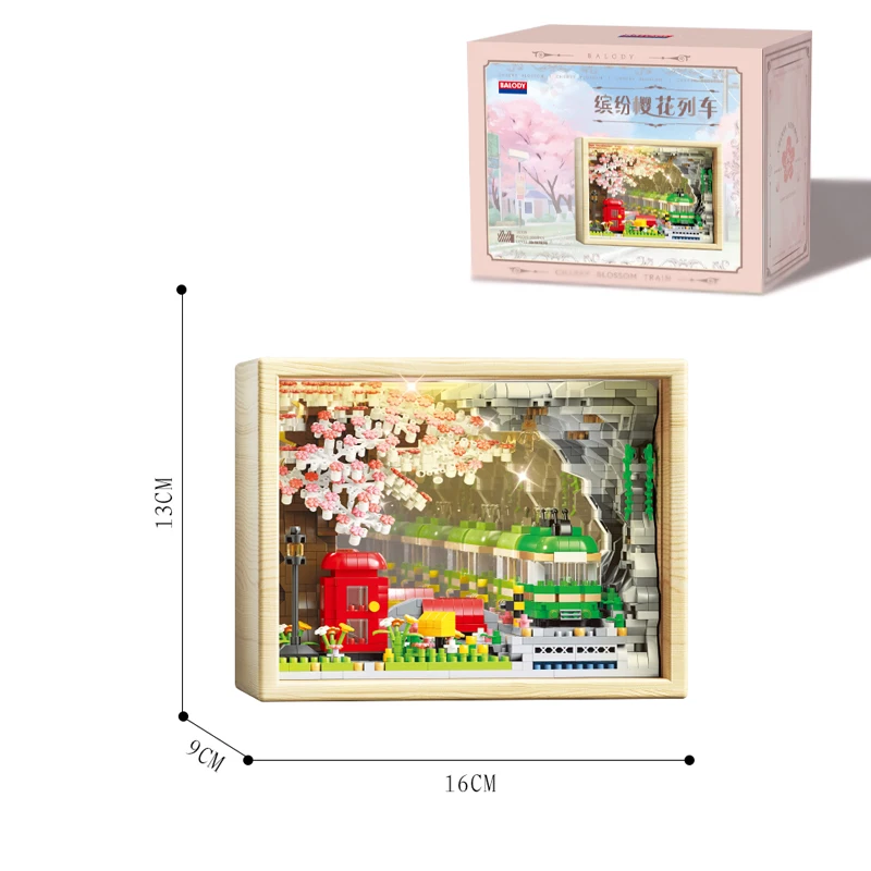 Mini City Street View Sakura Mural Photo Frame Building Block MOC Cherry Blossom Train Model Toy Bricks Friends Children Gifts