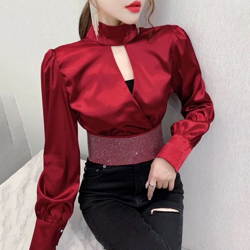 Chest Hollow Cutout Tops Women Korean Trendy Long Puff Sleeve Shirts Stand Neck Shirts Satin Silky Rainstone Luxury Tops Female