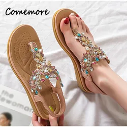 Comemore Women's Woman Thick Heels Beach Summer Woman Shoes 2024 Casual Flip Flops Ladies Footwear Fashion Rhinestones Sandals