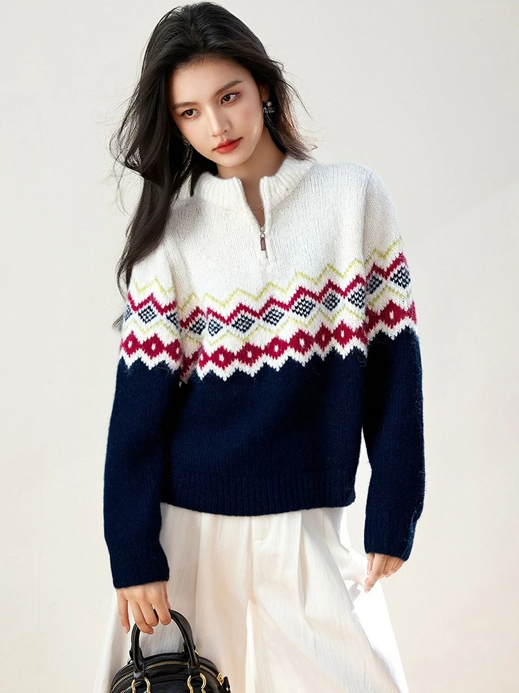 เสื้อสเวตเตอร์ผู้หญิง แขนยาว คอเต่า ซิปครึ่งตัว ผ้าถักลายแจ็คการ์ด หนานุ่ม สวมใส่สบาย สไตล์ลำลอง หรูหรา รุ่น 9827 สำหรับฤดูใบไม้ร่วงและฤดูหนาว
