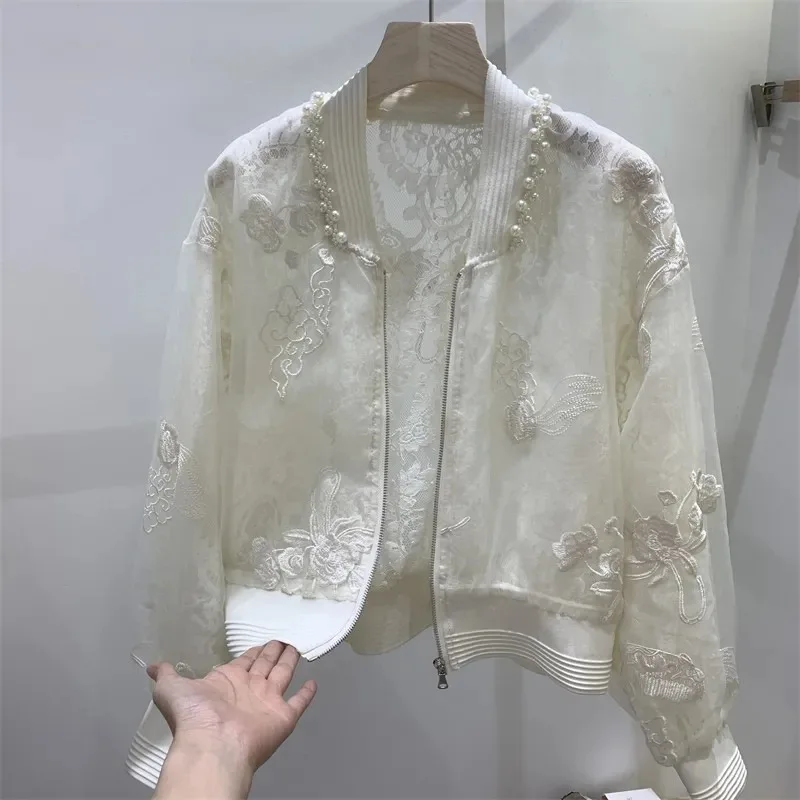 

New Chinese Style High-end Beading Embroidered Sunscreen Jacket Spring Summer O-Neck Baseball Outwear Female Zipper Coat Tops