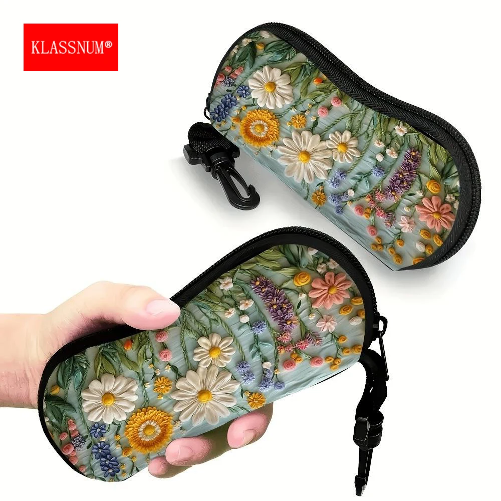 KLASSNUM Women Glasses Pouch with Keyring Butterfly Rose Daisy Printed Glasses Case Nylon Sunglasses Storage Bag Eyewear Cover