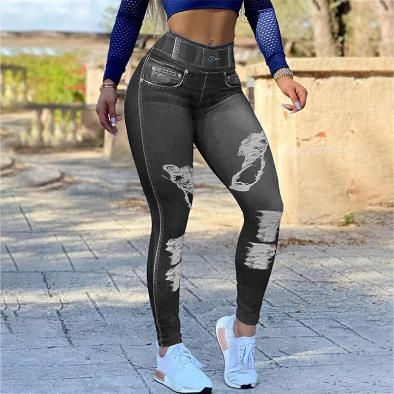 Women\'s Long Pants High Waist High Elastic Imitation Denim Printing Bottom Casual Fashion Fitness Sports Yoga Pants for Women