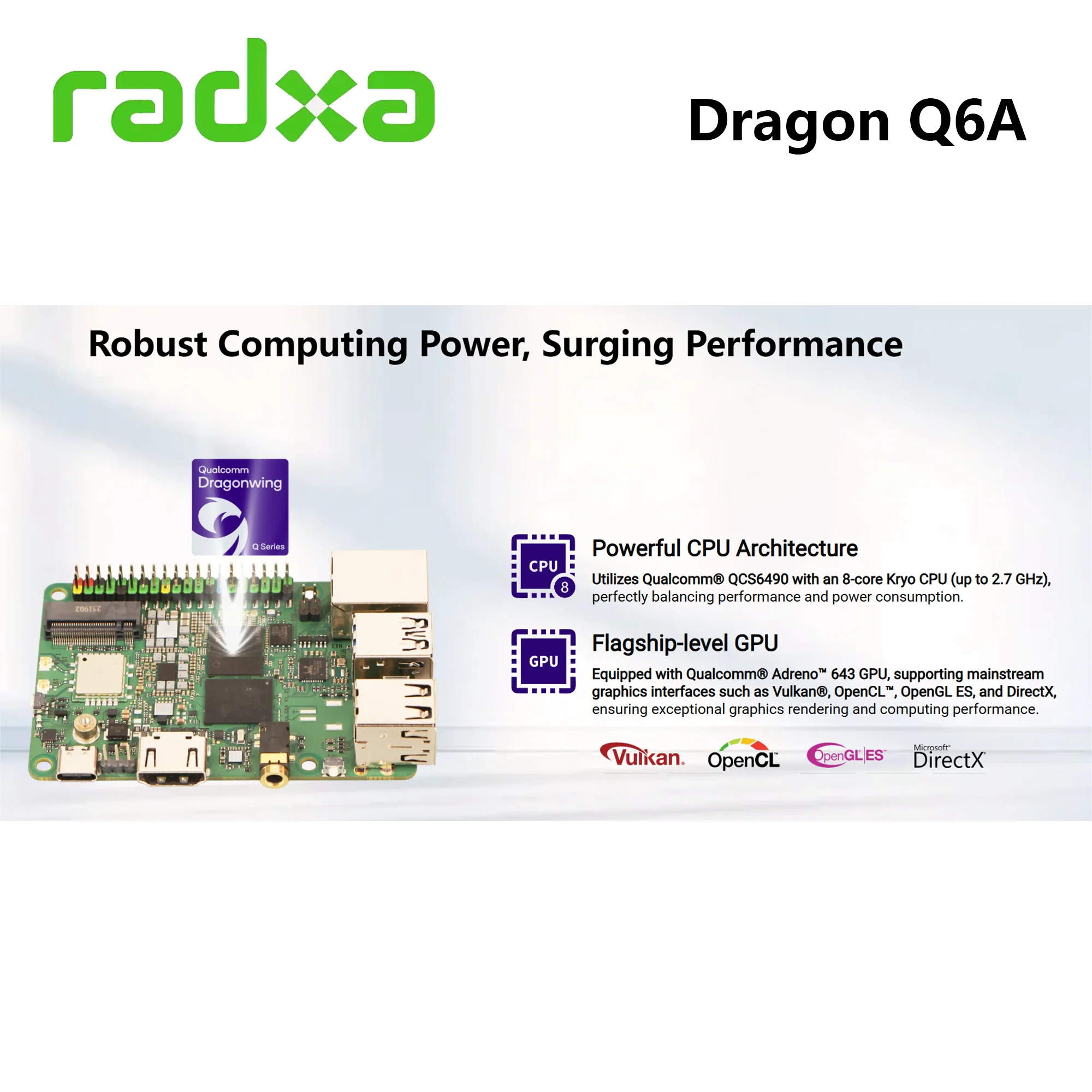لوحة تطوير Radxa Dragon Q6A Qualcomm QCS6490 Soc 12TOPS قوة الحوسبة LPDDR5 منصة ثماني النواة لـ Edge AI #6