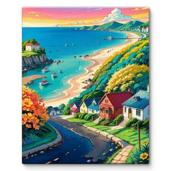 SDOYUNO Diy Oil Painting By Numbers Landscape Seascape Fishing Village Picture Drawing Coloring By Numbers Art Supplies Wall Art