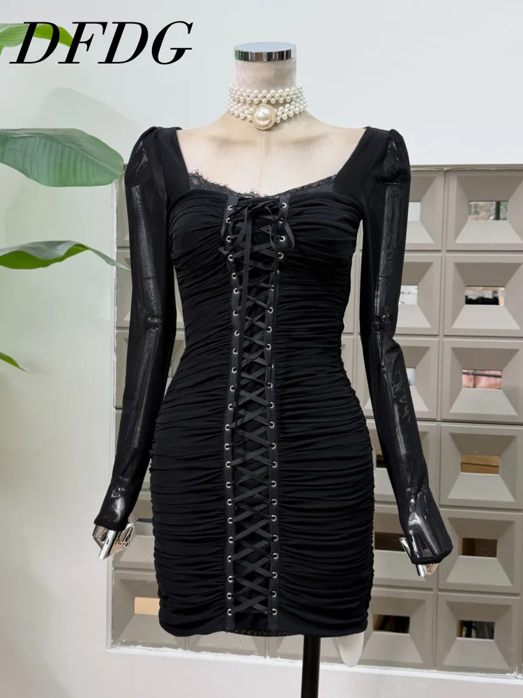 

DFDG Women's Summer Black Ruched Dress Lace Up Front Leather Sleeve Bodycon Mini Dress Edgy Party 2025 Trendy Feminine Dress
