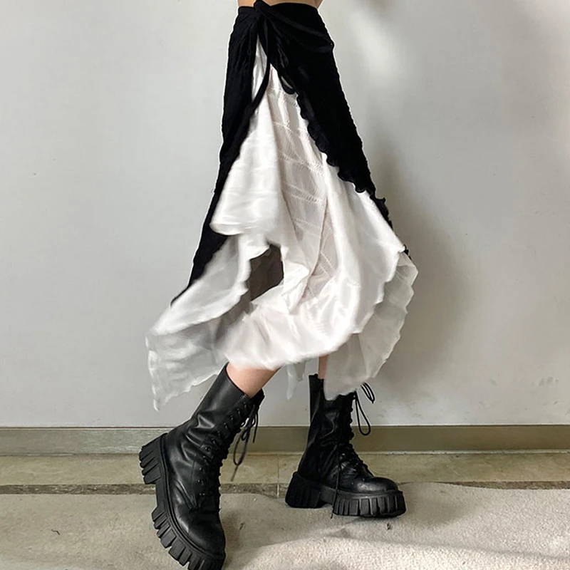 Black White Contrast Skirt Women Asymmetric Slit Skinny Vintage Inspired Skirt Pretty Sheer A Line Mesh Lace Up Midi Skirt