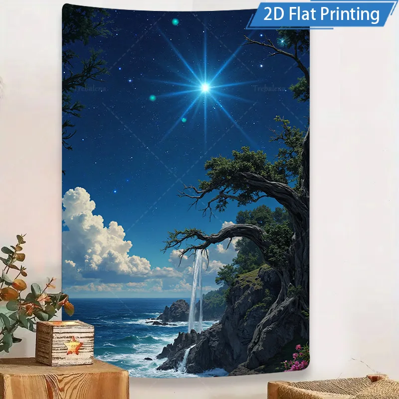 1pc 벽 태피스트리 별이 빛나는 밤 바다 전망 태피스트리 - 해안 풍경 벽걸이 예술