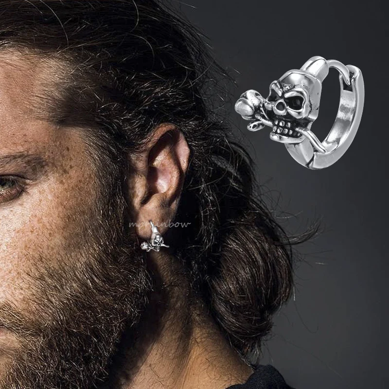 Kafatası gül simyacı çember küpe, erkek küpe, paslanmaz çelik gerçek aşk gül kafatası küpe, kaya motorcu küpe takı