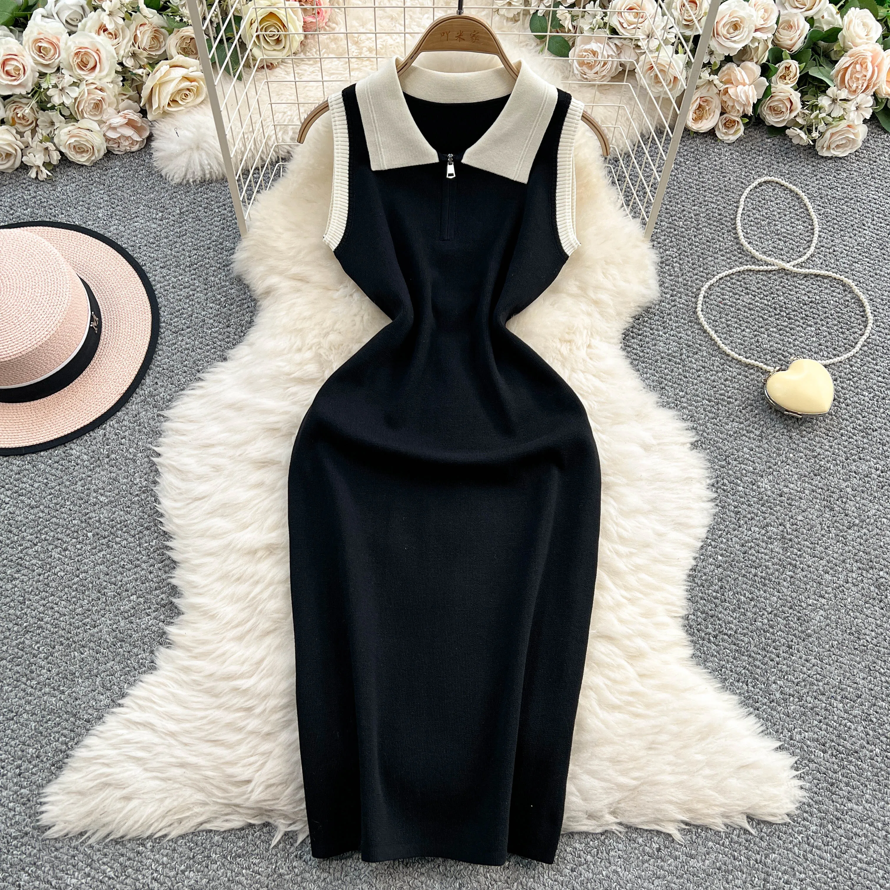 REALEFT Elegante Cerniera Lavorato A Maglia Delle Donne Wrap Abiti 2025 Nuova Estate Senza Maniche Polo Collare Solido Casual Tubino Vestito Dal Carro Armato Femminile