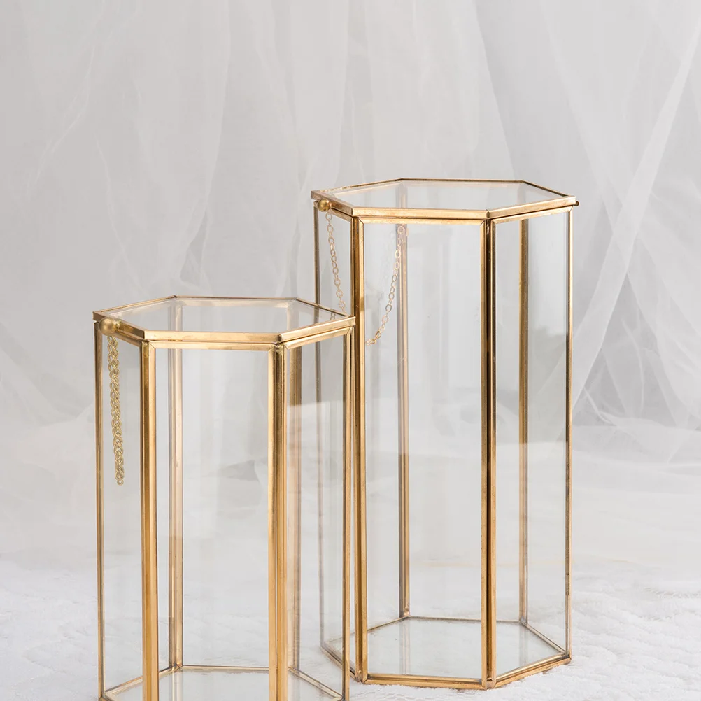 육각형 메이크업 정리함, 구리 프레임, 골드 투명 유리 브러쉬 홀더, 화장대 정리, 깔끔함, 레트로