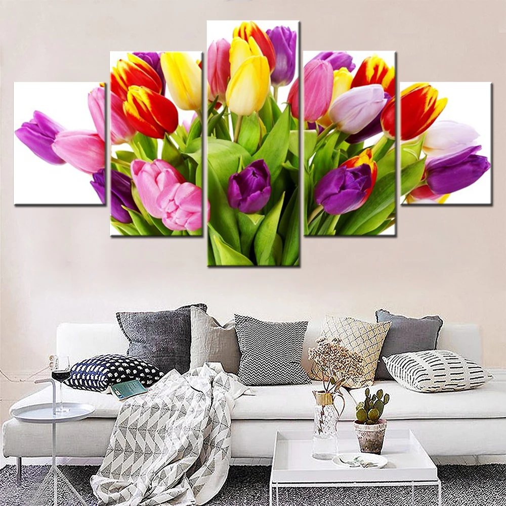 

Canvas Wall Art Poster Painting Tulips Flowers Bouquet White Background Home Decor Modular Picture Print Living Room 5 Pcs