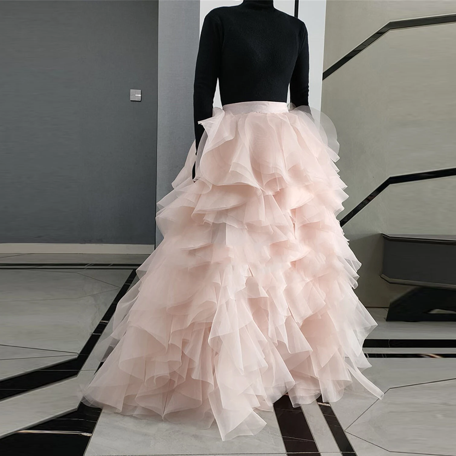 Dreamlike Blush Pink Ruched Tulle Long  Women Maxi Skirts Puffy Tutu Tulle Bridal Skirt Custom Made Lush Female Skirt