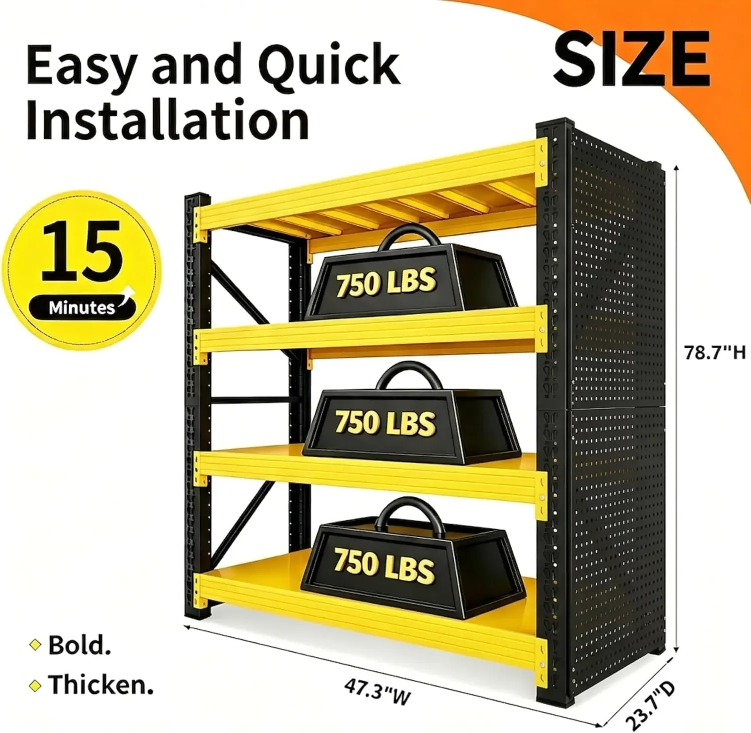 Garage Storage Rack, Heavy Duty Shelving with 2 Pegboards, Black-Yellow | Adjustable metal shelving unit, multi-purpose organize
