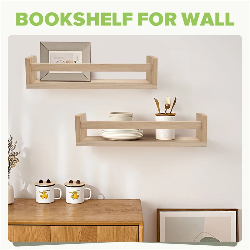 

ABYN-2Pcs Bookshelf,Natural Wood Floating Wall Bookshelf For Kids,Nursery Shelves For Wall,Bathroom Decor, Kitchen Spice Rack