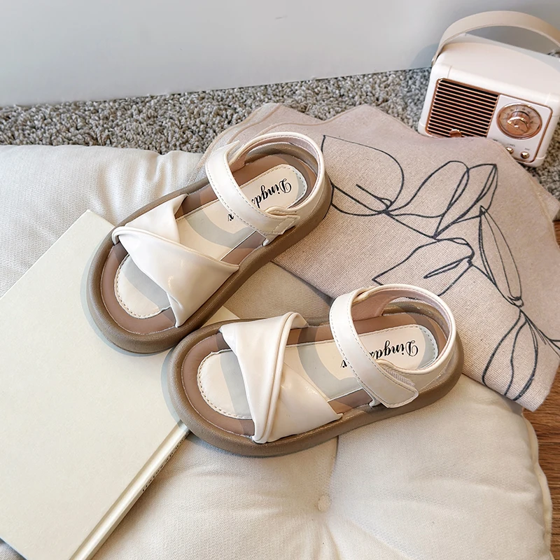 Children Summer Girl Sandals Sliver Beige Pu Leather Platform Kids Sliders Concise Style Hook-loop Fashion Anti-slip Girls Shoes