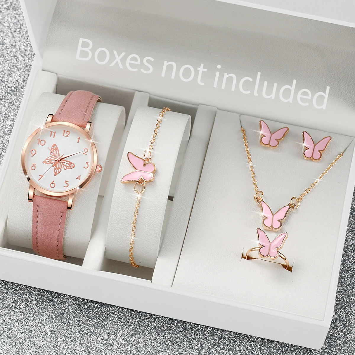 6PCS/Set Women\'s Watch Fashion Butterfly Dial Leather Band Quartz Watches Jewelry Set（Without Box）