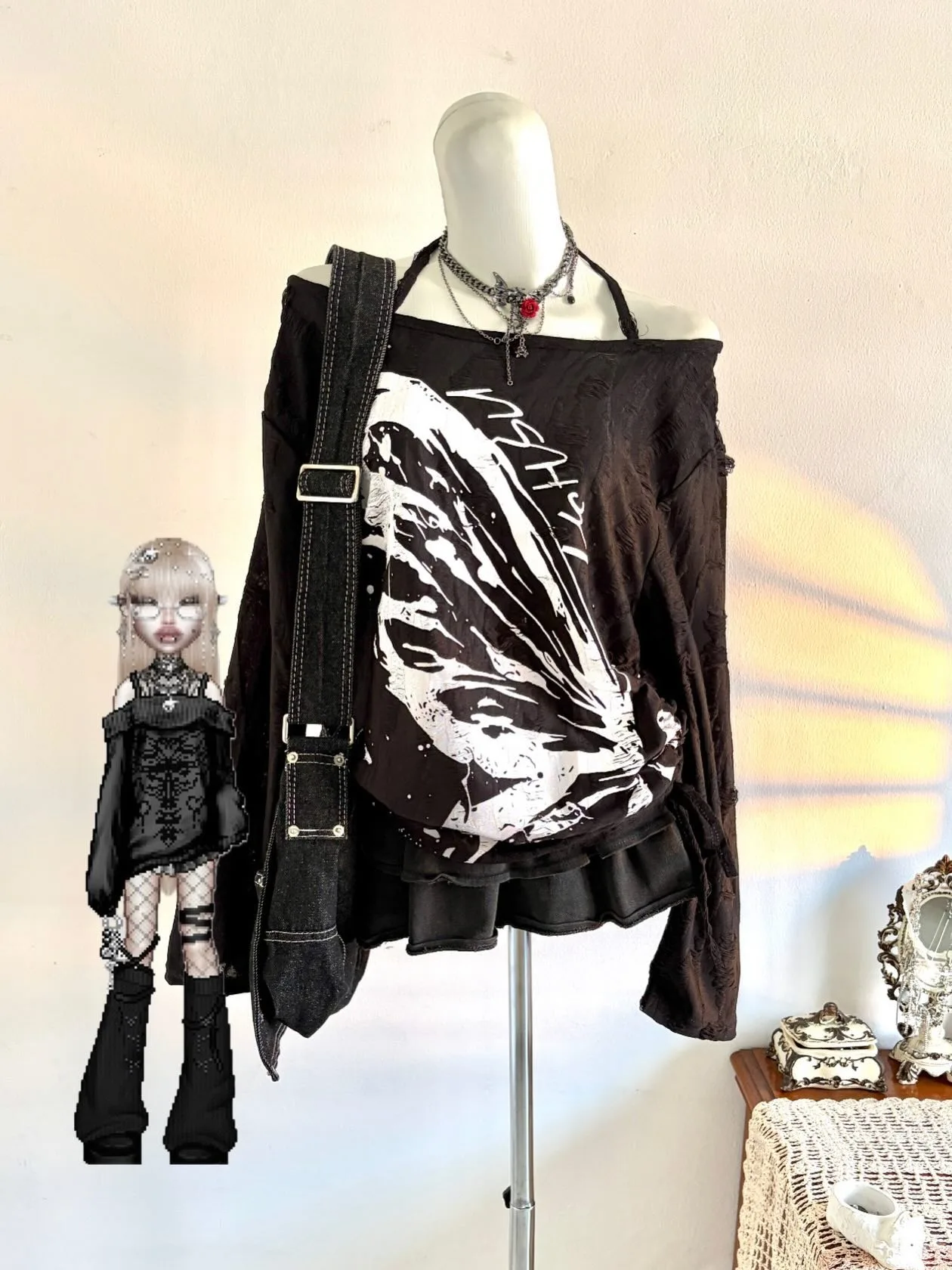 Grunge Alt Women Black Butterfly Graphic Top Off‑Shoulder Long Sleeve Drawstring Ruched Y2K Dark Aesthetic Shirt