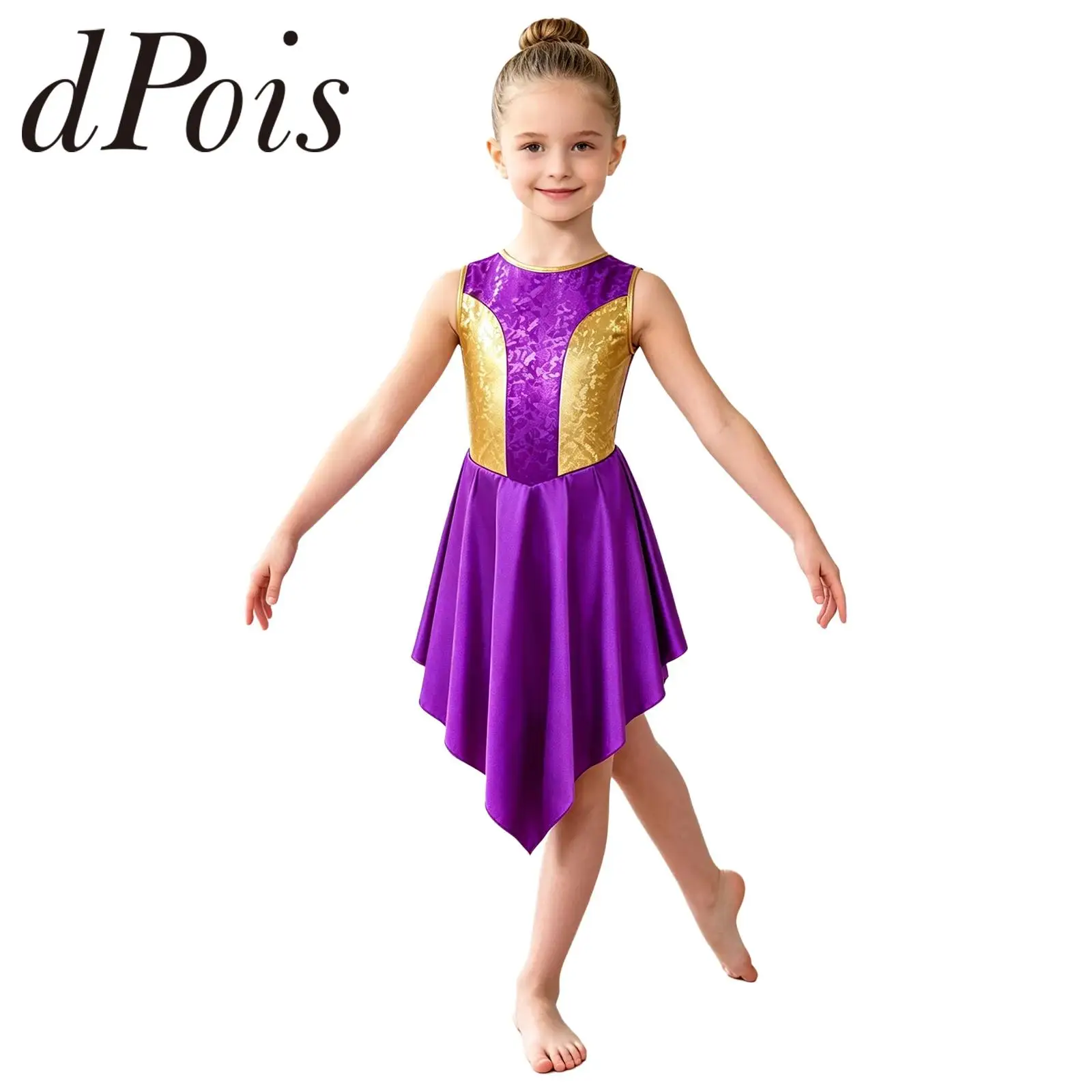Kids Lyrical Liturgical Dance Costume Girls Praise Tunic Dresses Sleeveless Colorblock Metallic Asymmetrical Satin Worship Dress