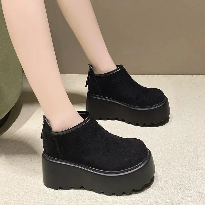 New Winter Thick Sole Warm Short Boots Fleece Lined School Uniform Style Mom Cotton Shoes