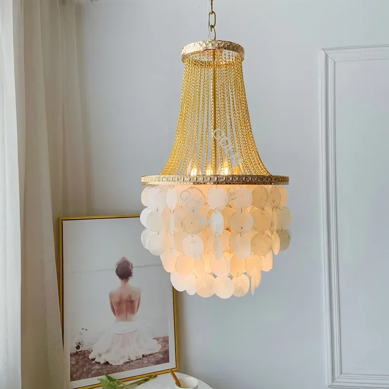 Factory Wholesale Creative Elegant Natural Shell Tassel Pendant Led Chandelier AC110V 220V Hanging Light for Living Room