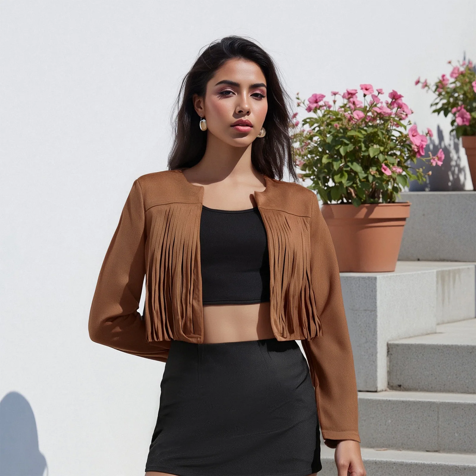 

Women's Tassel Cropped Jacket Long Sleeve Round Neck Open Front Suede Jacket Coat Casual New Outerwears Vintage Tops