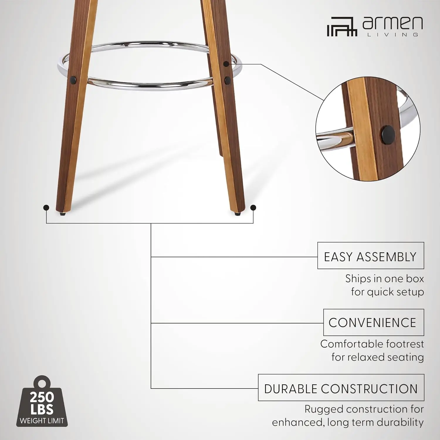 مقعد بار دوار حديث لمنتصف القرن مقاس 26 بوصة مصنوع من الجلد الصناعي البني وخشب الجوز لجزيرة المطبخ #5