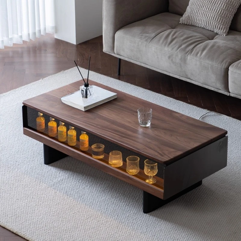 Nordic coffee table black walnut solid wood slate, display modern black rectangular cabinet with lighting atmosphere