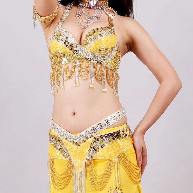 

Взрослый женский костюм для танца живота с блестками, комплект костюма для восточных танцев с поясом и бюстгальтером, одежда для танца живота в стиле самбы