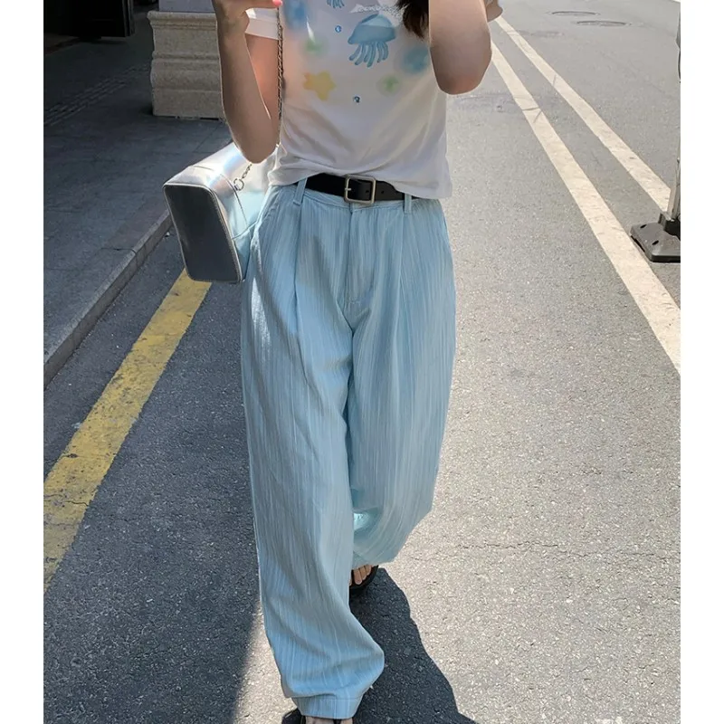 

Women's Blue Drawstring Sweatpants Fashion High Waist Straight Wide Leg Pants Simplicity Baggy Bind Feet Trouser Ladies Autumn