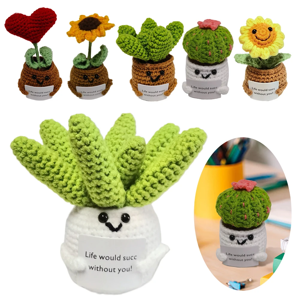 Knitted Potted Positive Toy with Card Mini Handmade Yarn Toys Creative Hug Pocket Plant Dolls Birthday Gifts for Friends