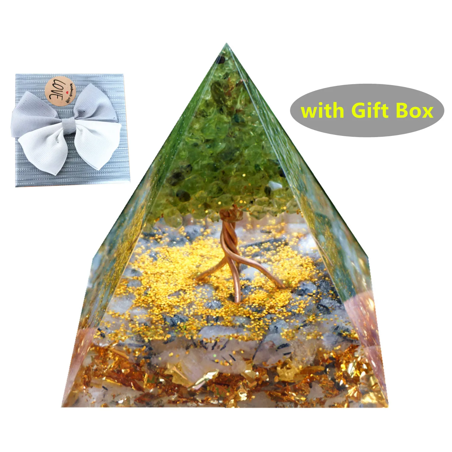 

Tree Of Life Orgone Pyramid Peridot With Black QuartzRutilated Natural Crystal Stone EMF Healing Chakra Reiki