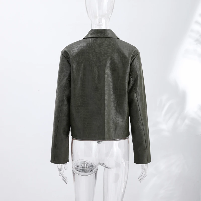 Damen Kunstlederjacken mit Krokodilhaut-Optik, Revers, Langarm, Einreihig, mit Taschen, Herbstmantel, Lockerer Schnitt, Neue Oberbekleidung – Detail 5