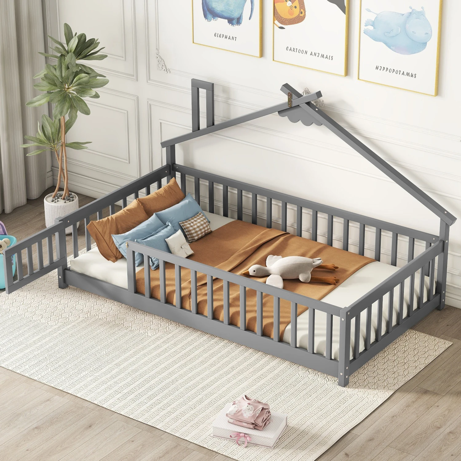 Twin House-Shaped Bedside Floor Bed with Guardrails, Slats, Door in Grey - Kids' Room Essential