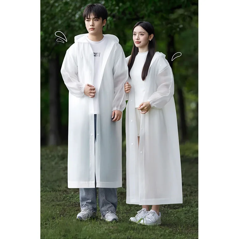 Transparent EVA Long Raincoat with Hood, Elastic Cuffs, Reusable, Waterproof, Raincoat, Portable, Foldable, Outdoor Raincoat