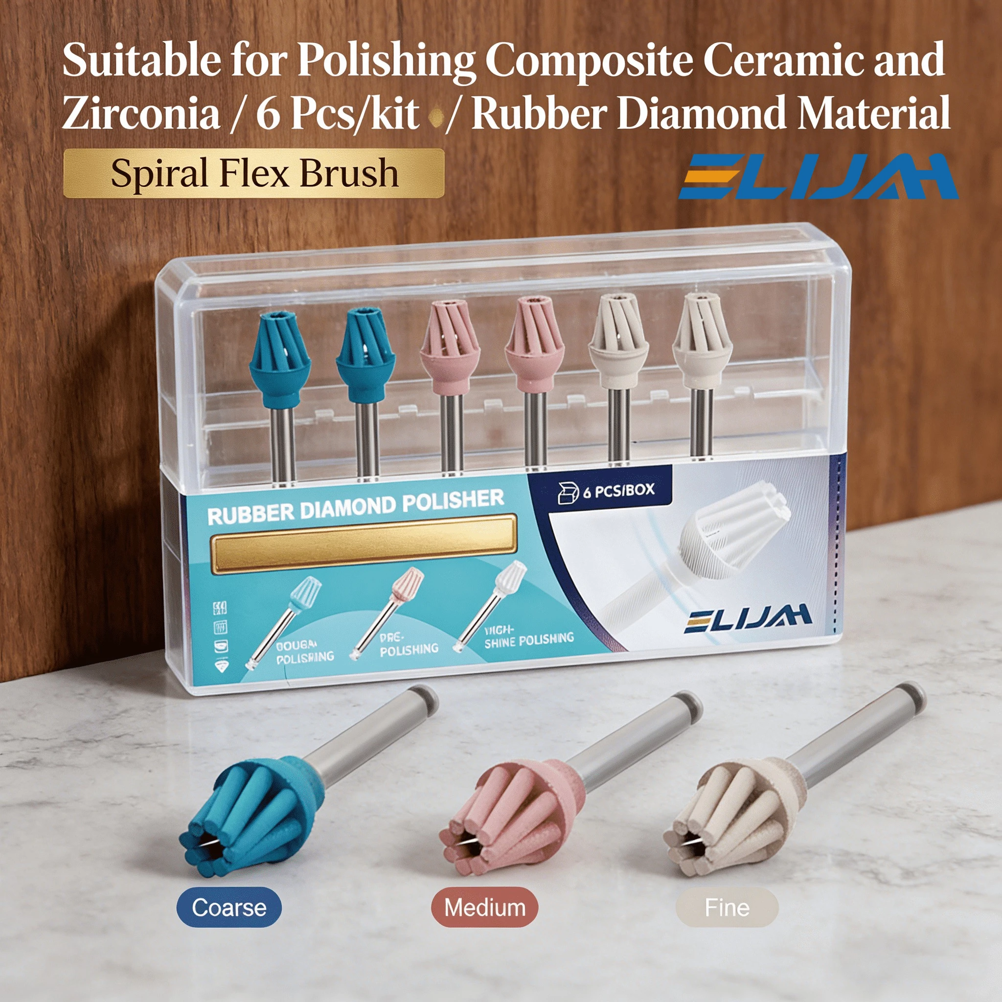 6Pcs/3Box ELIJAH Dental Eagle Polisher Rubber Diamond for RA Coarse/Medium/Fine Spiral Flex Brush Kit Composite Polishing Tools